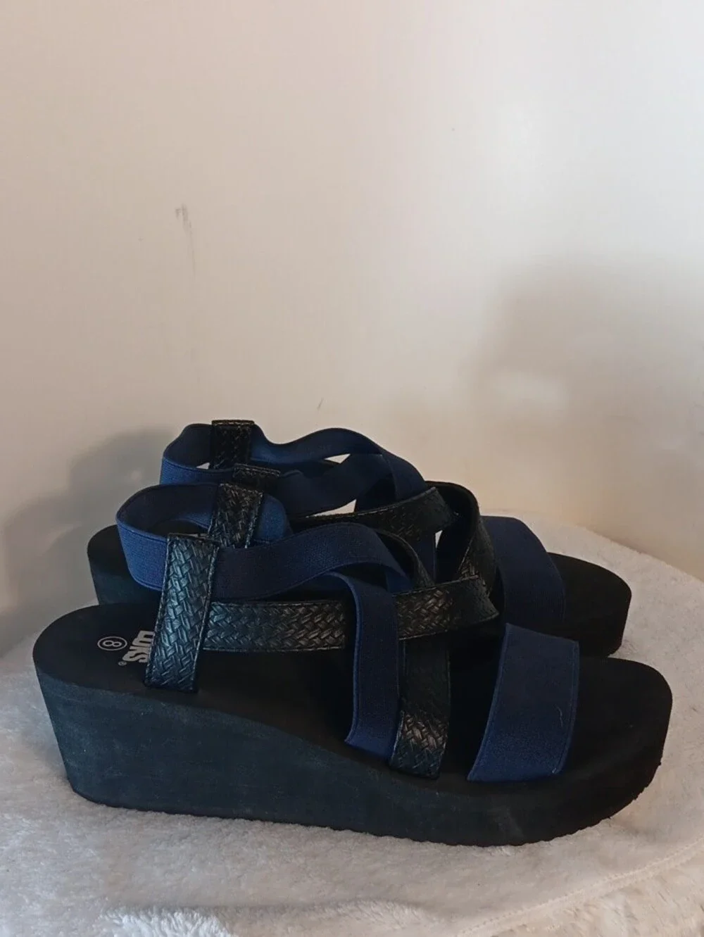 Muk Luks Navy and Black Wedge Sandals with Braided Straps